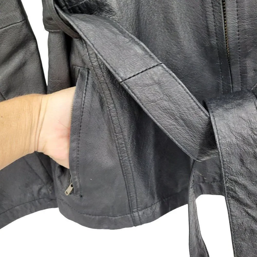 Vintage 80's PB‎ Martin Leather Jacket Moto Baddie Belted Collar Zip Up Black S